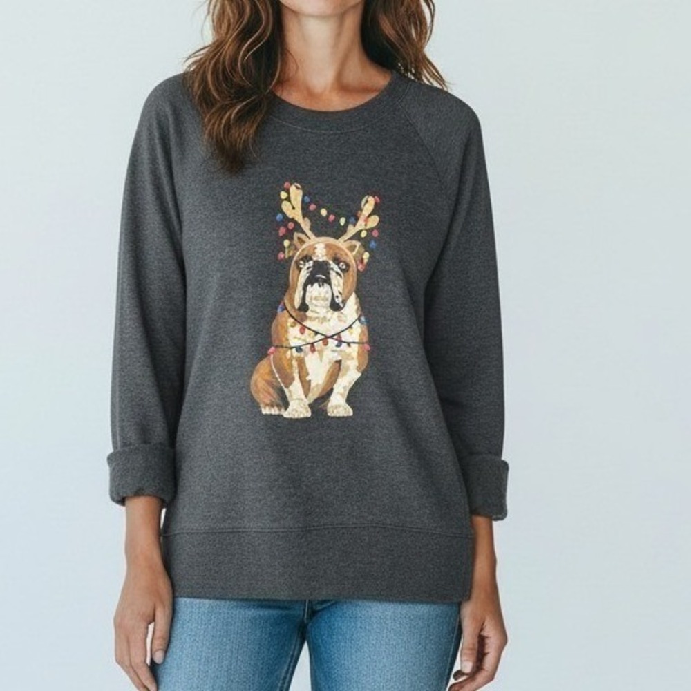 Style & Co Womens Gray Christmas Bulldog Reindeer Antlers Sweatshirt Small